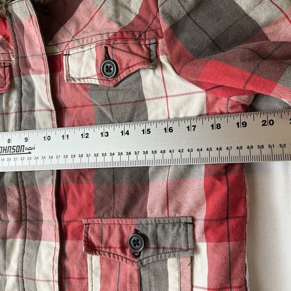 Roxy Women Jacket M Red Plaid Button Faux Fur Zipper Ribbed Hem Cuffs Full Zip - Picture 5 of 9